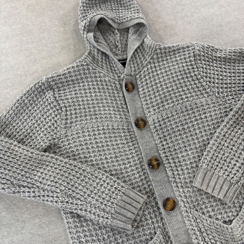 True Rock Mens XL Gray Waffle Knit Hooded Cardigan Button Front Sweater Pockets